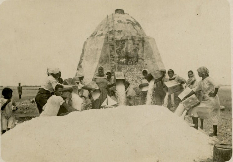Workers loading harvested salt onto a large mound, 1923