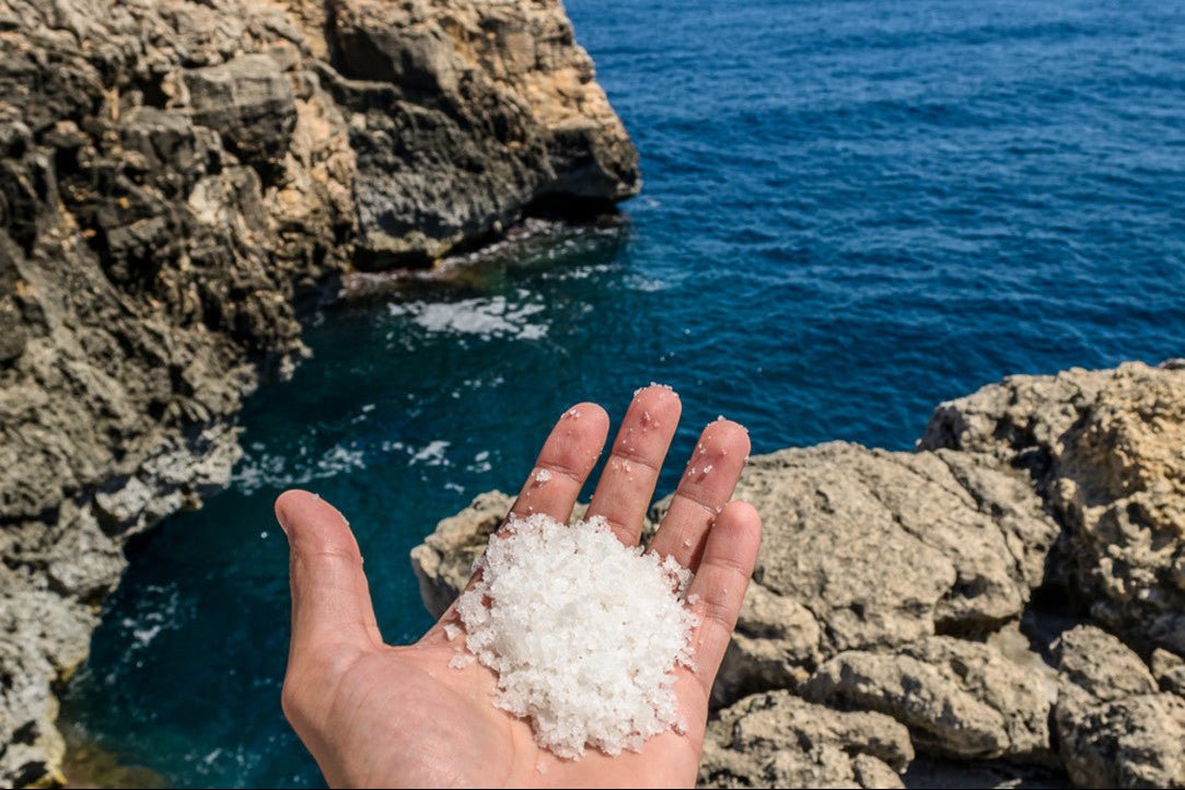 Hand holding natural sea salt over ocean